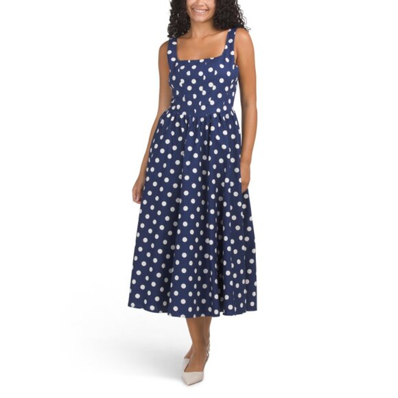 WAYF Navy Polka Dot Midi Dress - Picture 1 of 2